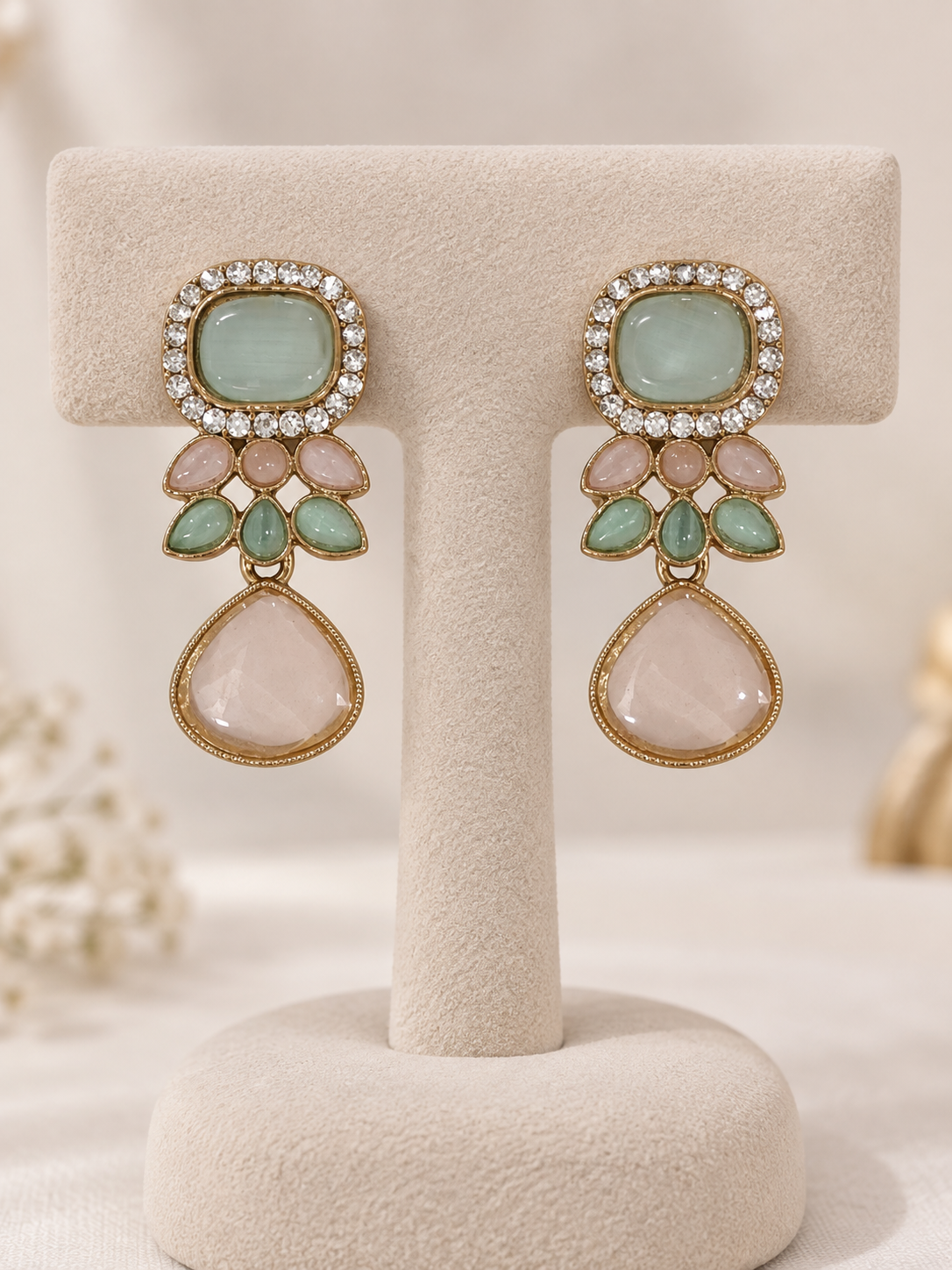 Pastel Green & Rose Quartz Crystal Drop Earrings - Image 1