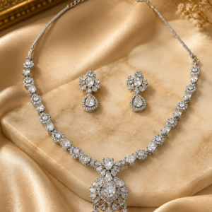 Silver Crystal Floral Necklace & Earrings Set