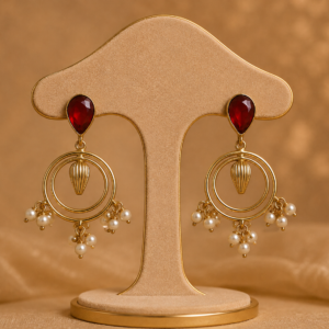 Ruby Red Crystal & Pearl Hoop Drop Earrings