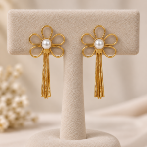 Golden Floral Pearl Tassel Drop Earrings