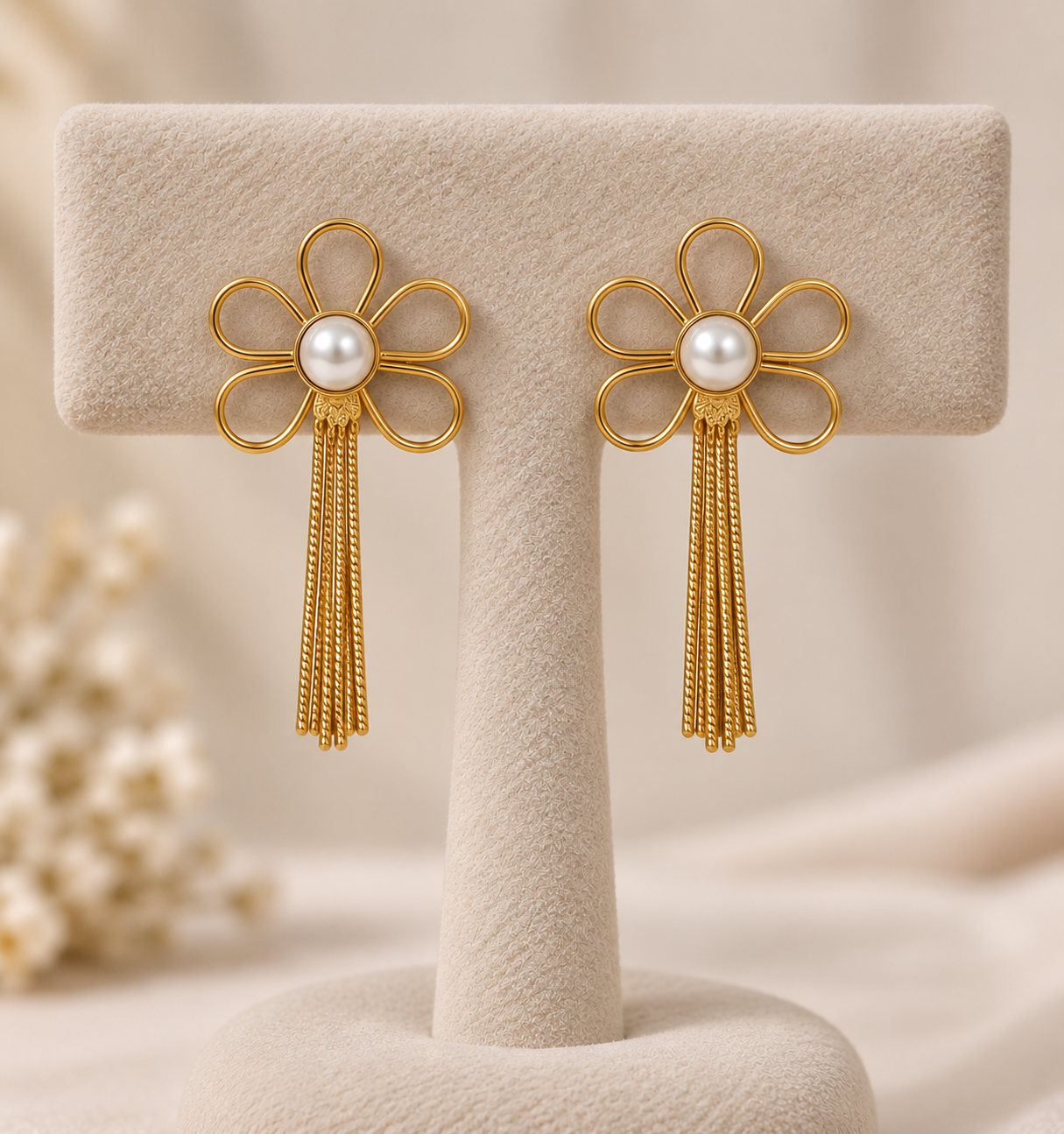Golden Floral Pearl Tassel Drop Earrings - Image 1
