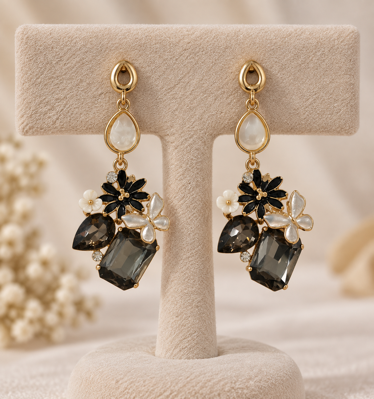 Black Floral Crystal Statement Drop Earrings - Image 1