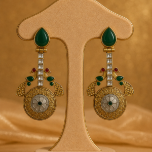 Emerald Green & Kundan Peacock-Inspired Statement Earrings