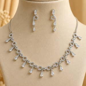 Silver Crystal Floral Vine Necklace & Earrings Set