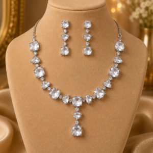 Silver-Tone Crystal Necklace & Matching Drop Earrings Set