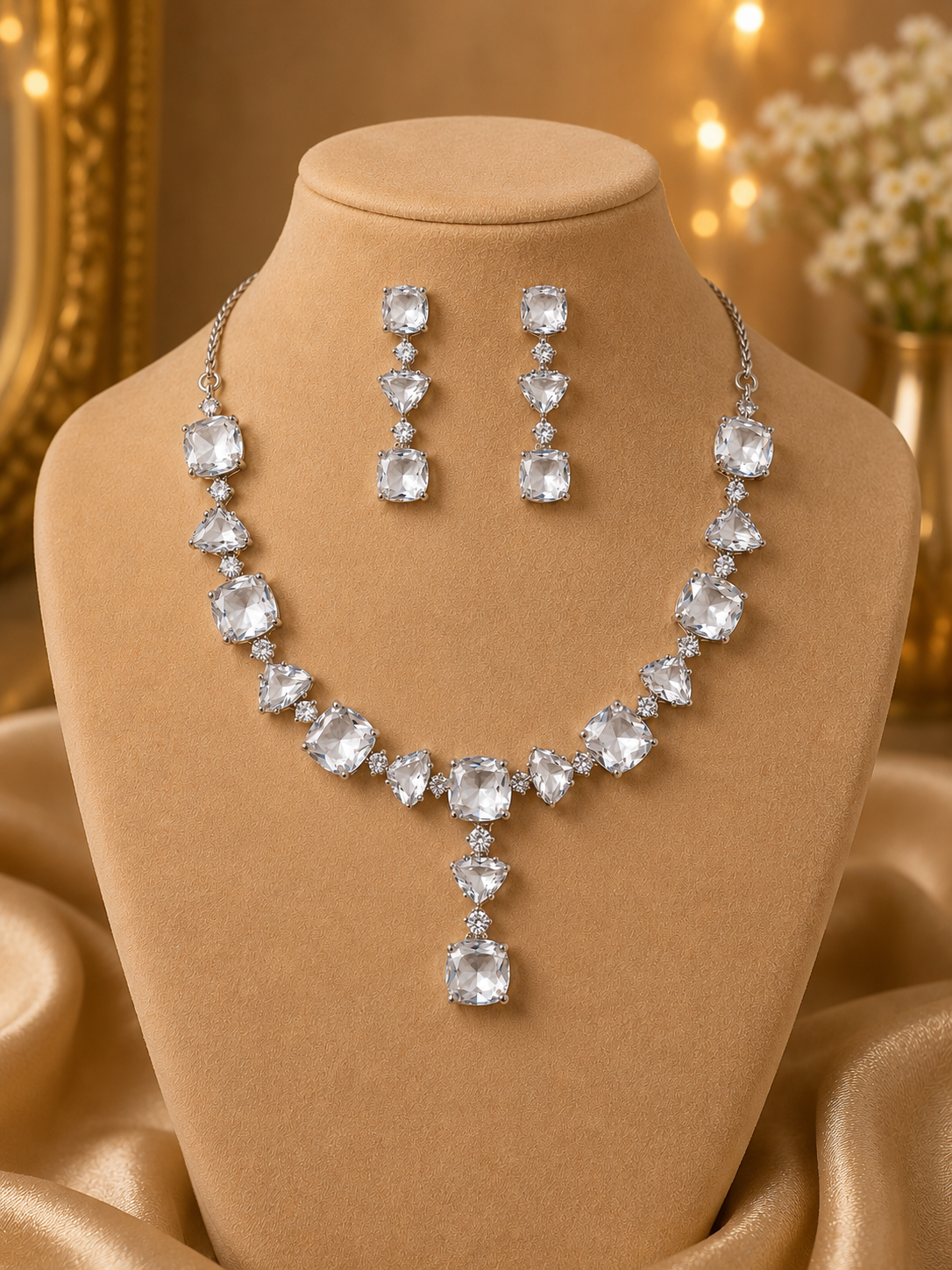 Silver-Tone Crystal Necklace & Matching Drop Earrings Set - Image 1