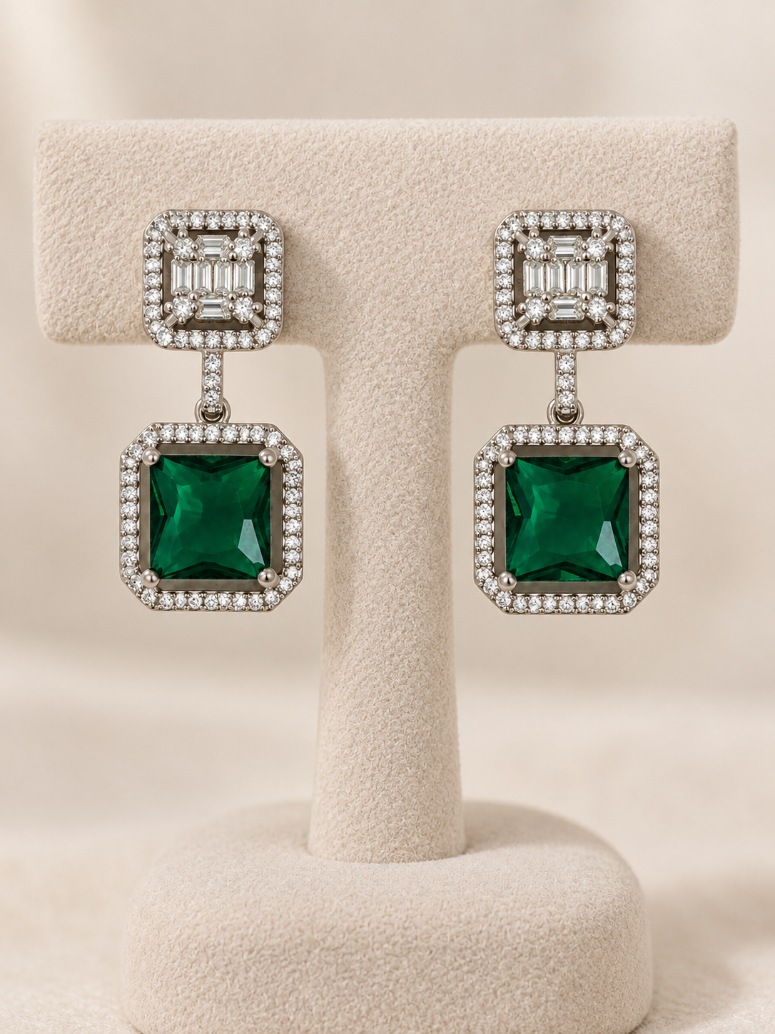 Emerald Green Crystal Geometric Drop Earrings - Image 1