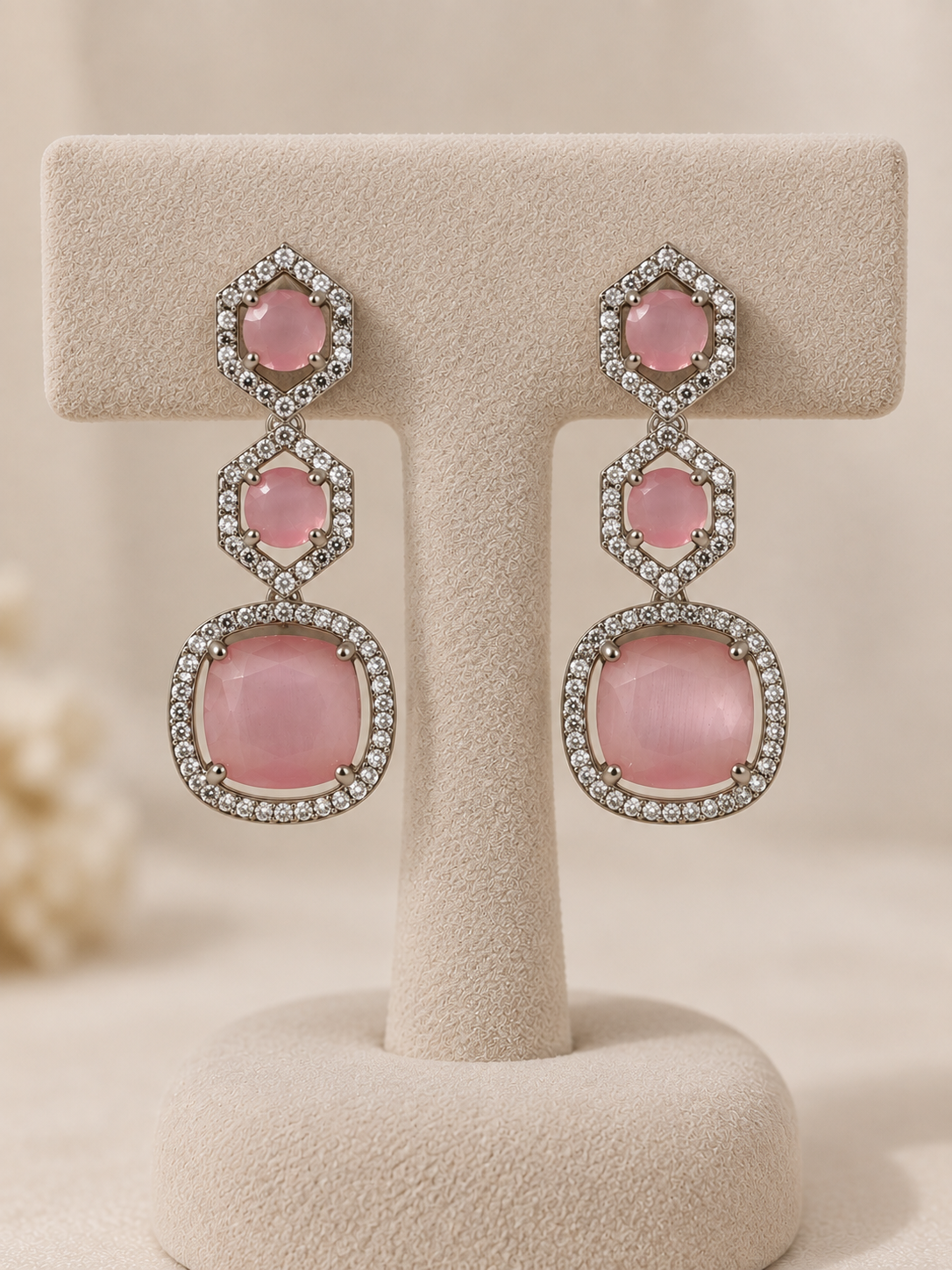 Blush Pink Crystal Geometric Drop Earrings - Image 1