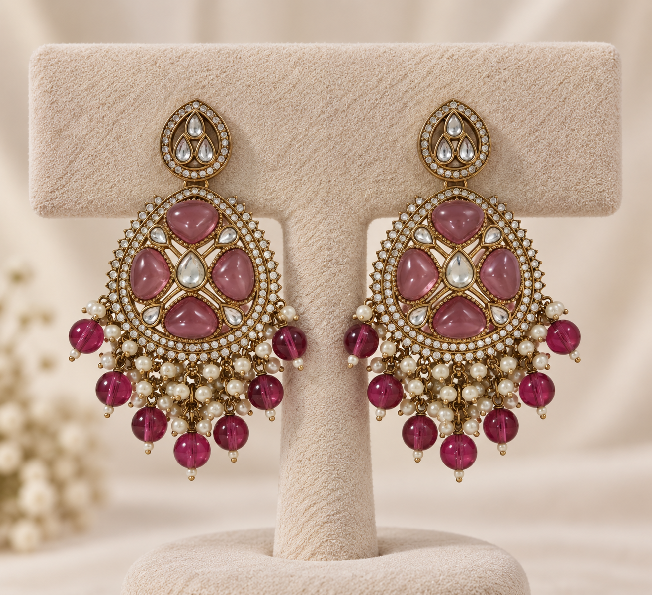 Ruby Pink Kundan Pearl Earrings - Image 1